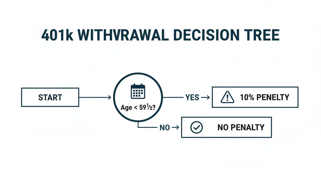 A 401k withdrawal decision tree diagram showing a 10% penalty if age is less than 59 1/2.