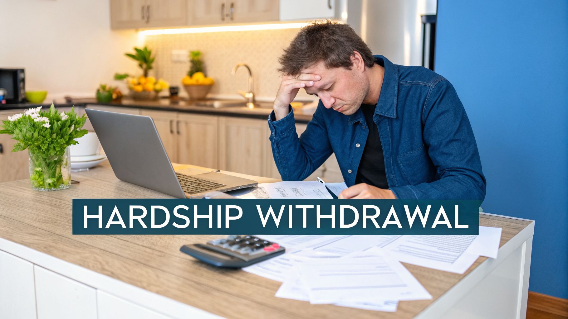 A stressed man at home reviews financial documents, considering a hardship withdrawal.