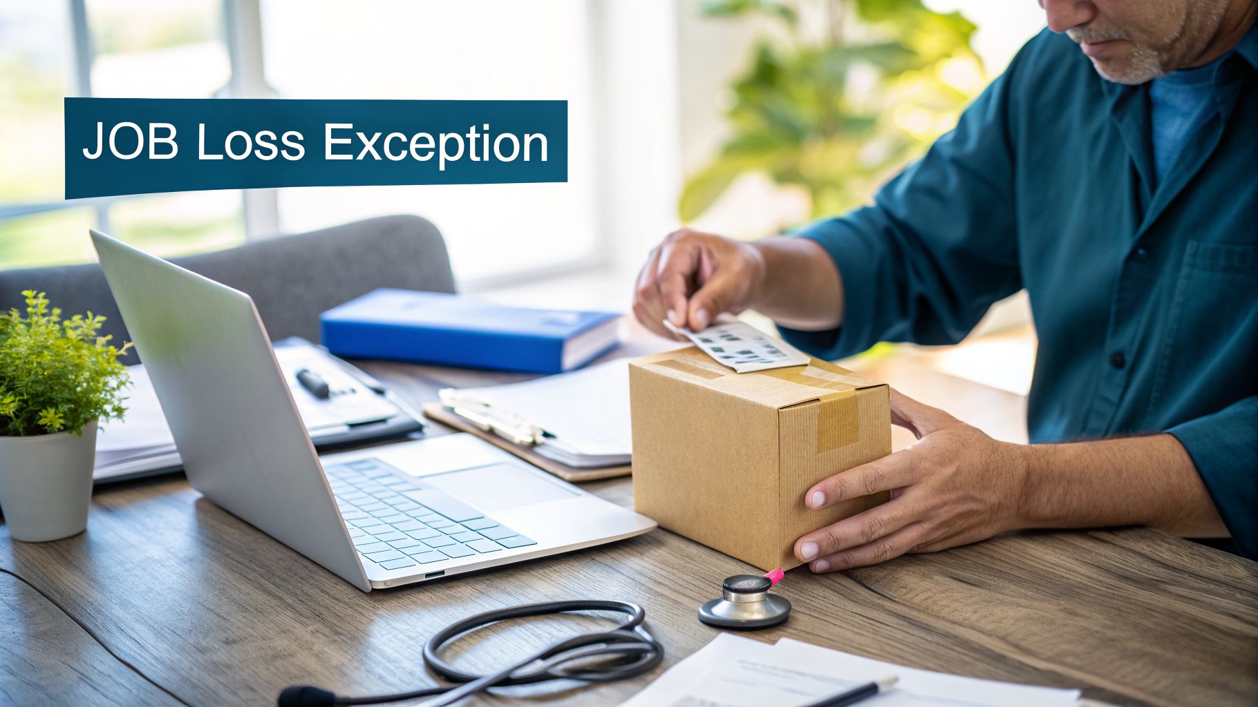 Man packaging a small cardboard box on a desk with a laptop and stethoscope, featuring 'JOB Loss Exception' text.