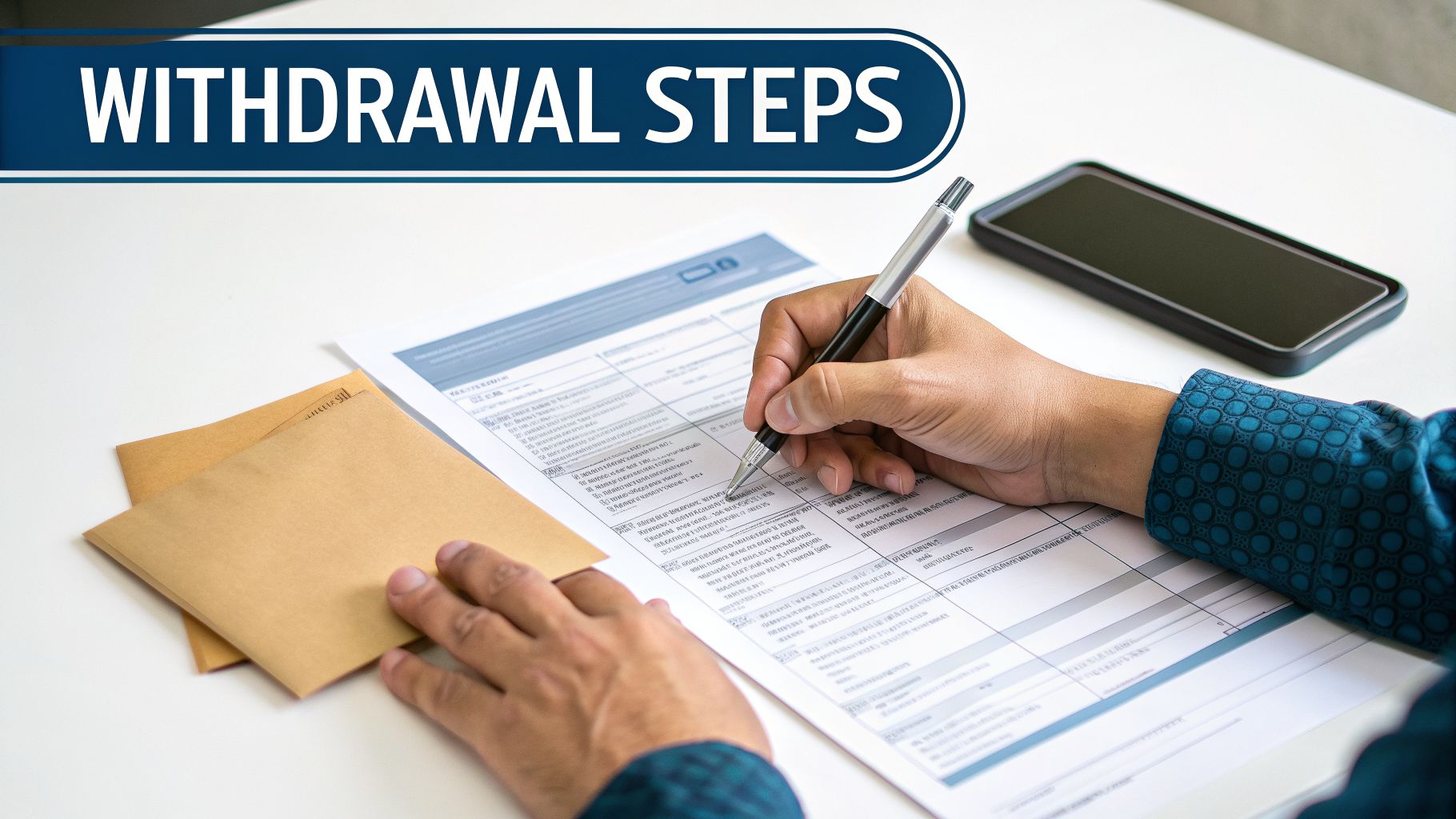 Person filling out a withdrawal form with a pen, envelopes, and a smartphone on a desk.