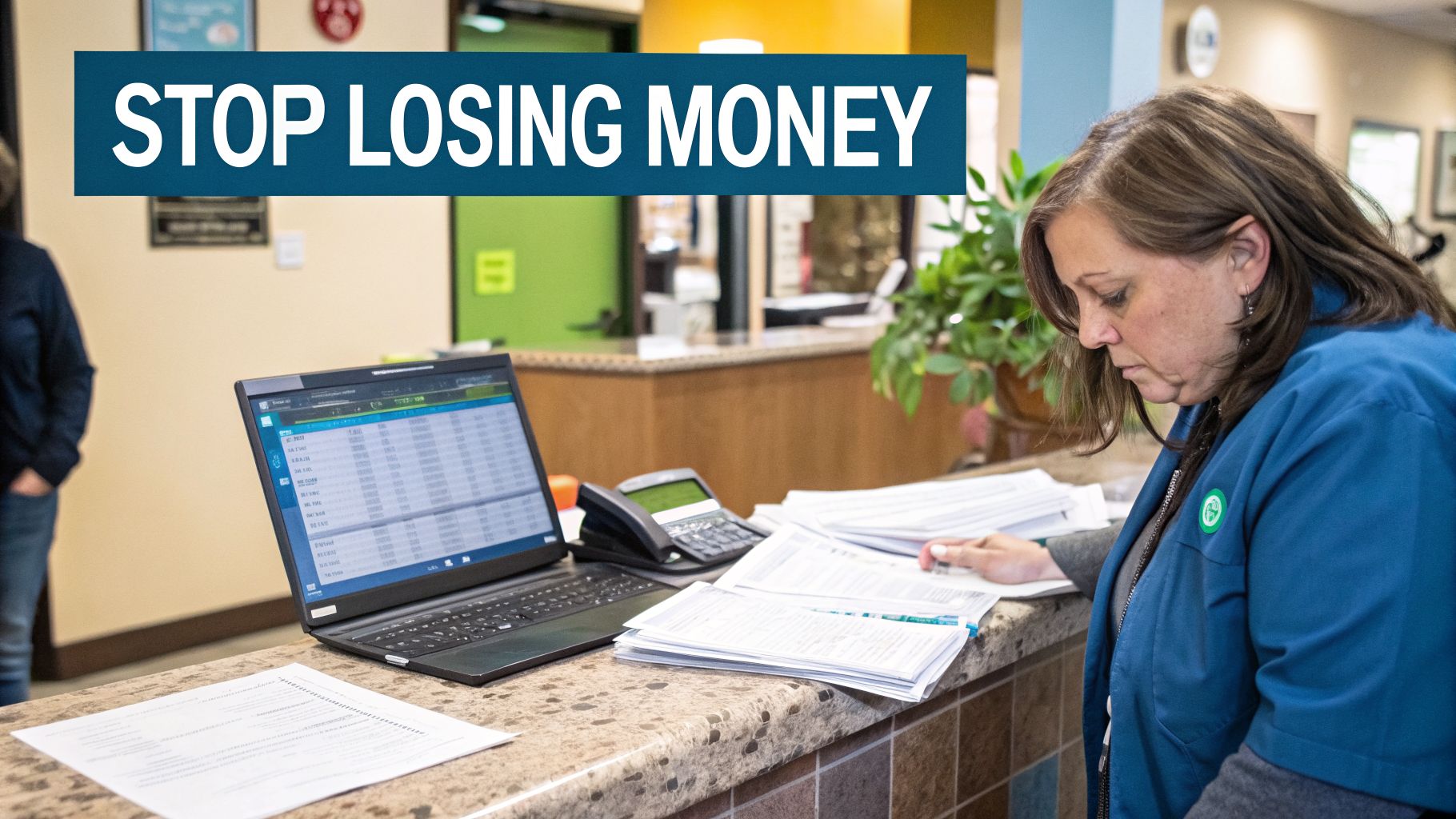 A woman in a clinic reviews financial documents and a laptop spreadsheet, addressing the 'STOP LOSING MONEY' message.