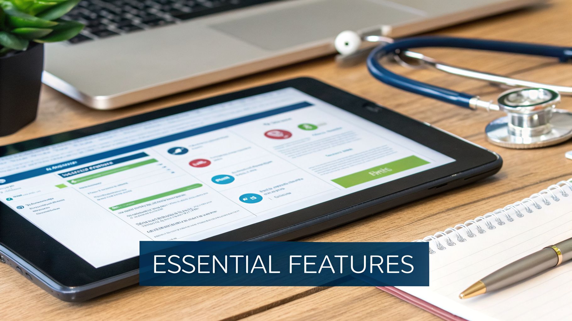 A tablet displaying accounting software for medical practices on a wooden desk with a laptop, stethoscope, and notepad.