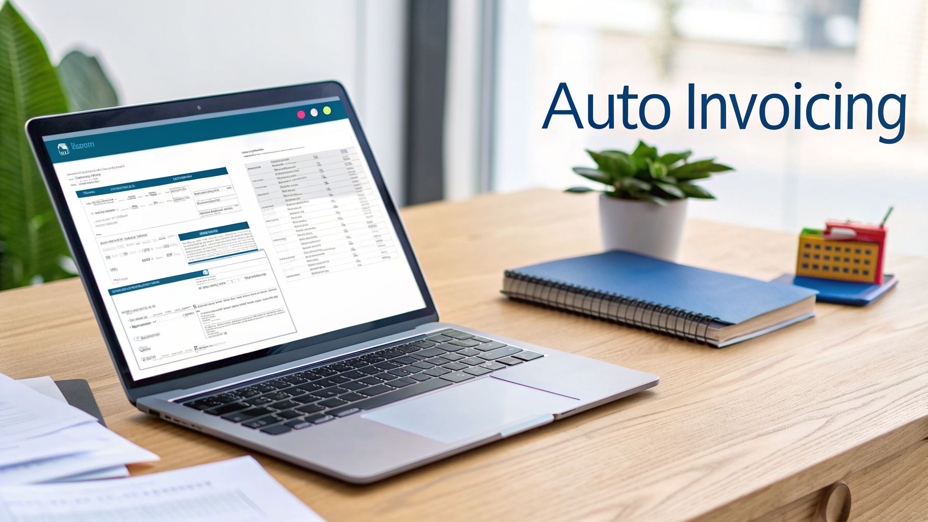 A laptop on a wooden desk displays an auto invoicing software interface, alongside a plant and notebook.