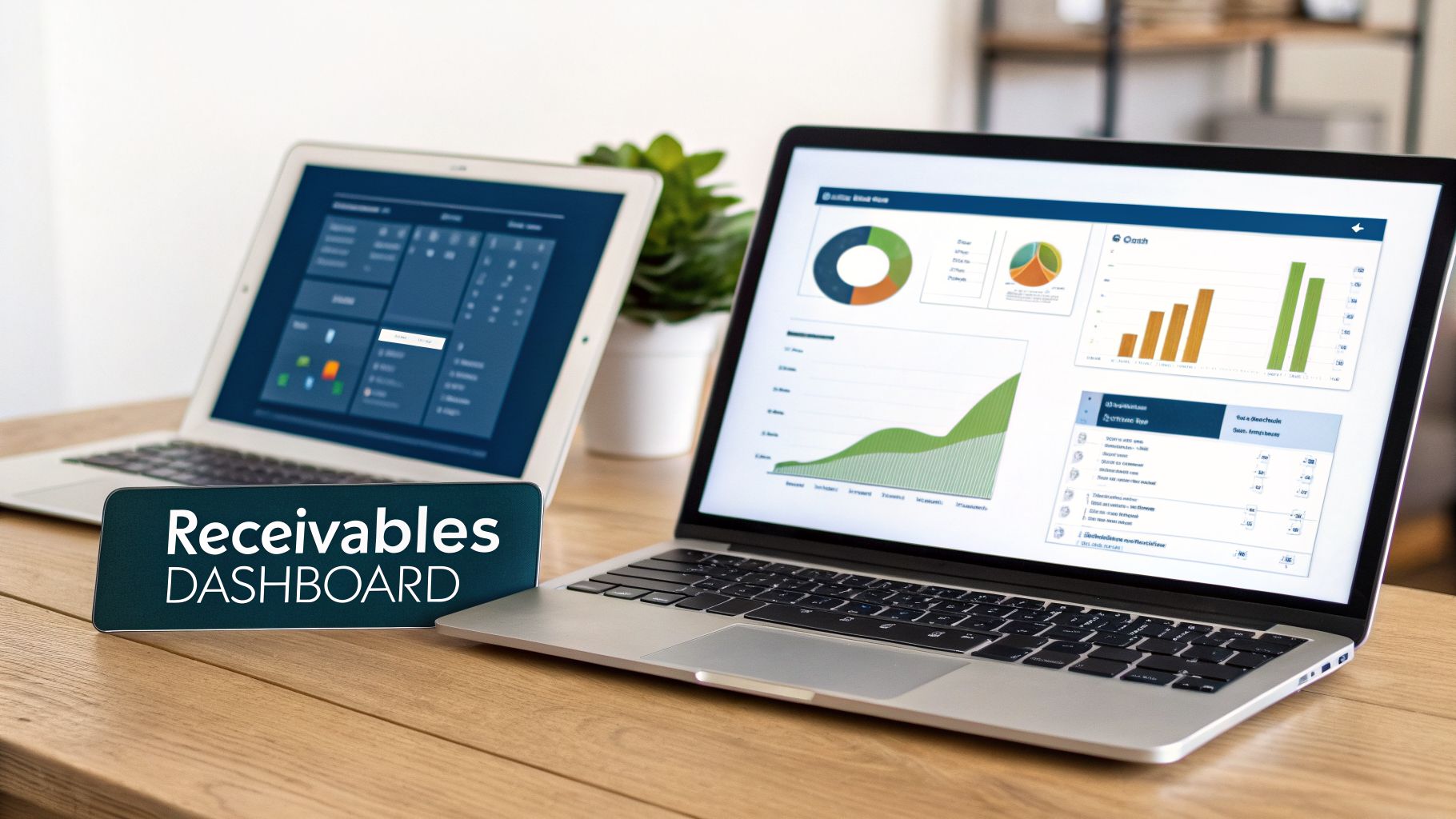 Two laptops on a wooden desk displaying financial dashboards, with a 'Receivables DASHBOARD' sign.