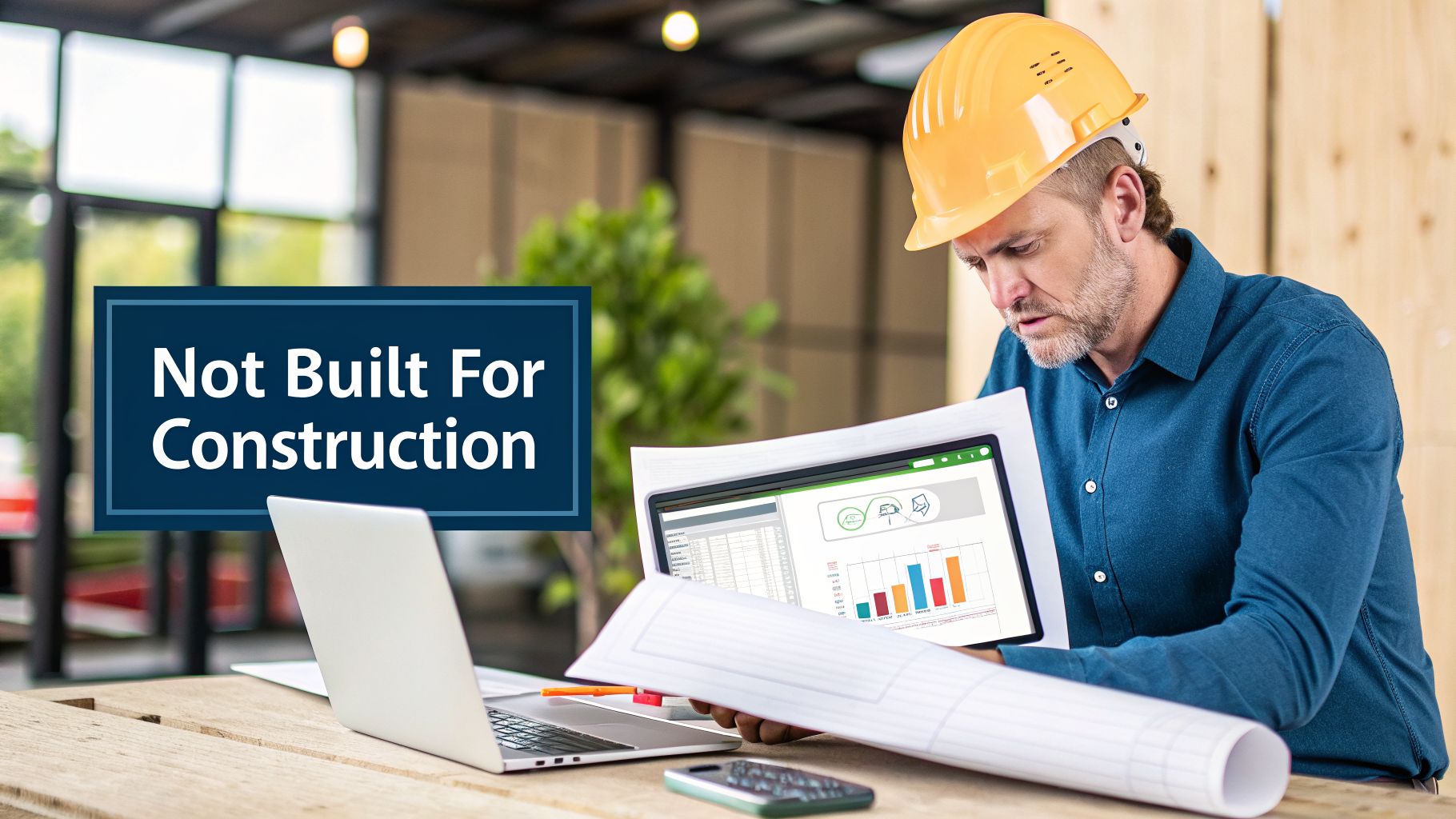A construction worker in a hard hat reviews digital plans and blueprints on a tablet and laptop.