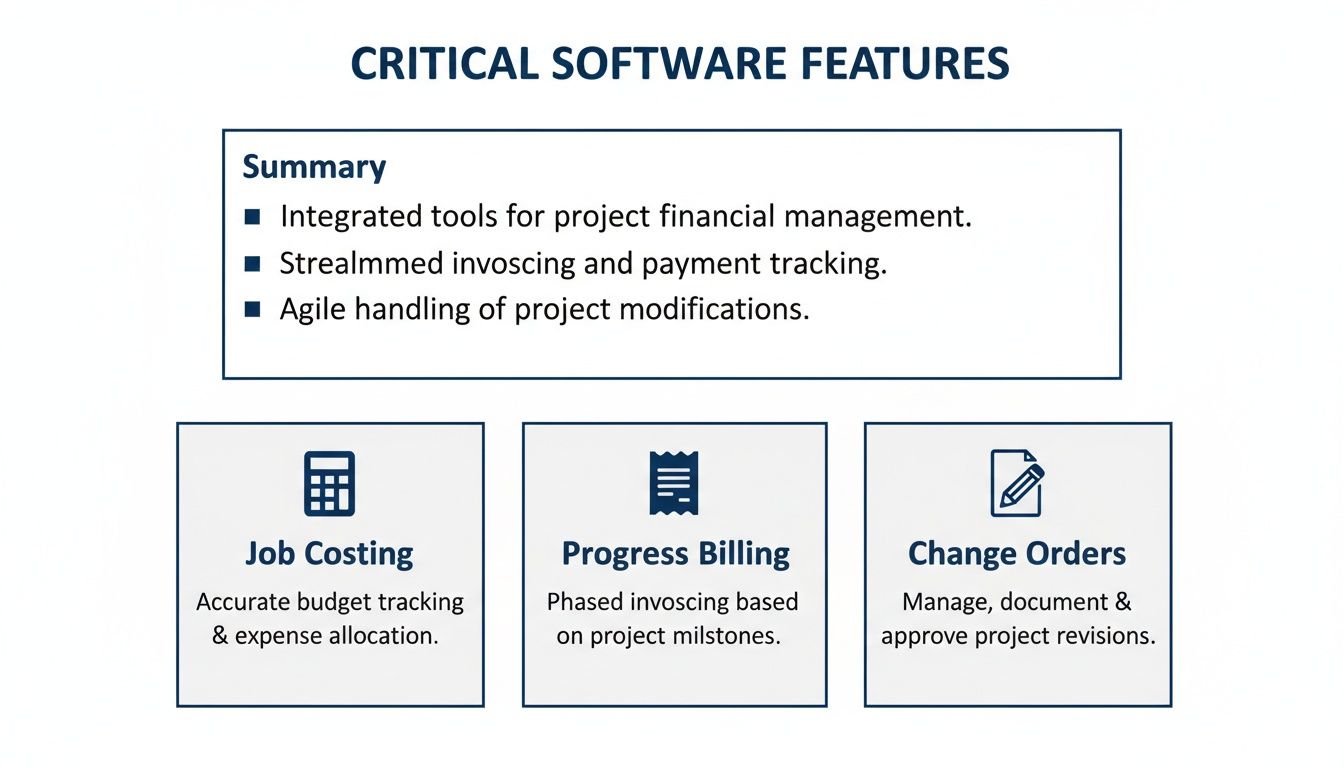 An infographic detailing critical software features for project financial management, including job costing, progress billing, and change orders.