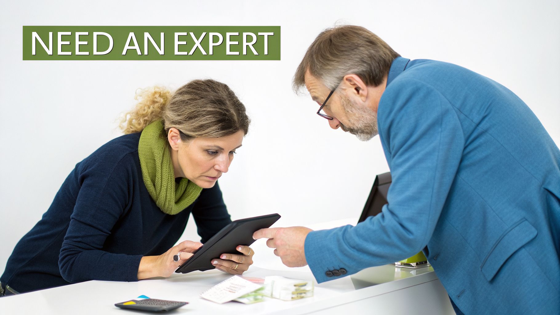 Two business people, a man and a woman, collaborate while looking at a tablet, with text 'Need an expert'.