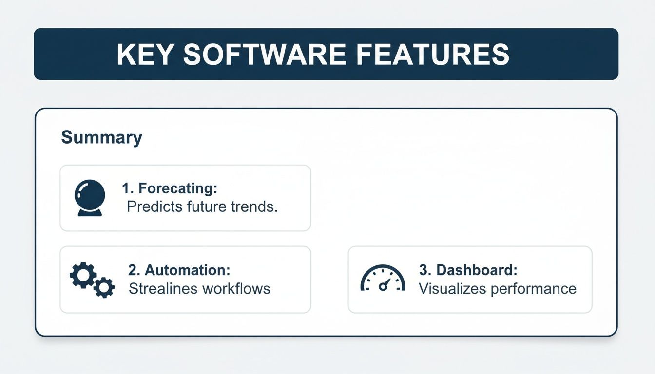 Key software features summary illustrating forecasting, automation, and dashboard capabilities with icons and descriptions.