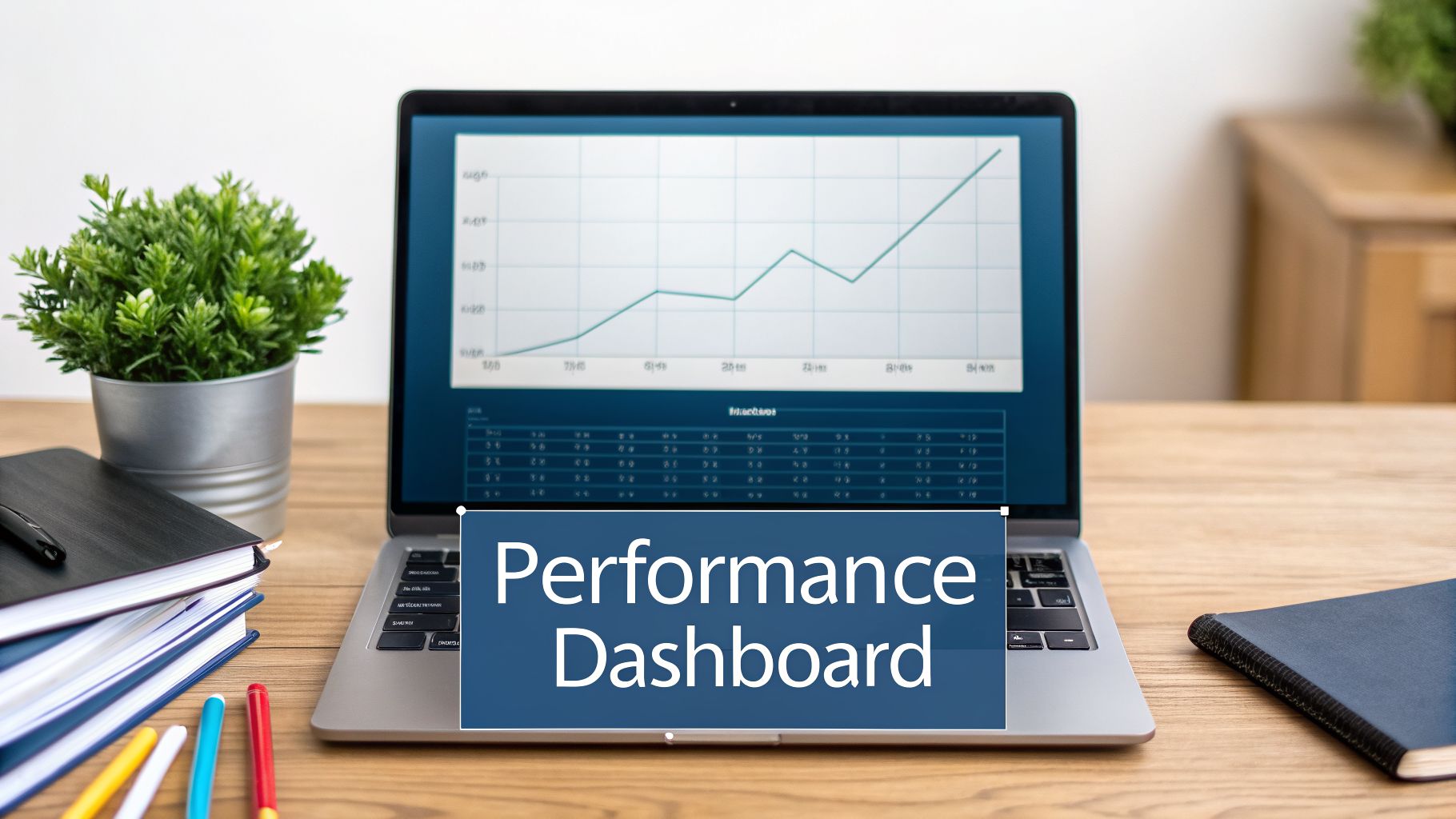 A laptop on a wooden desk displays a performance dashboard with a line graph and data table.