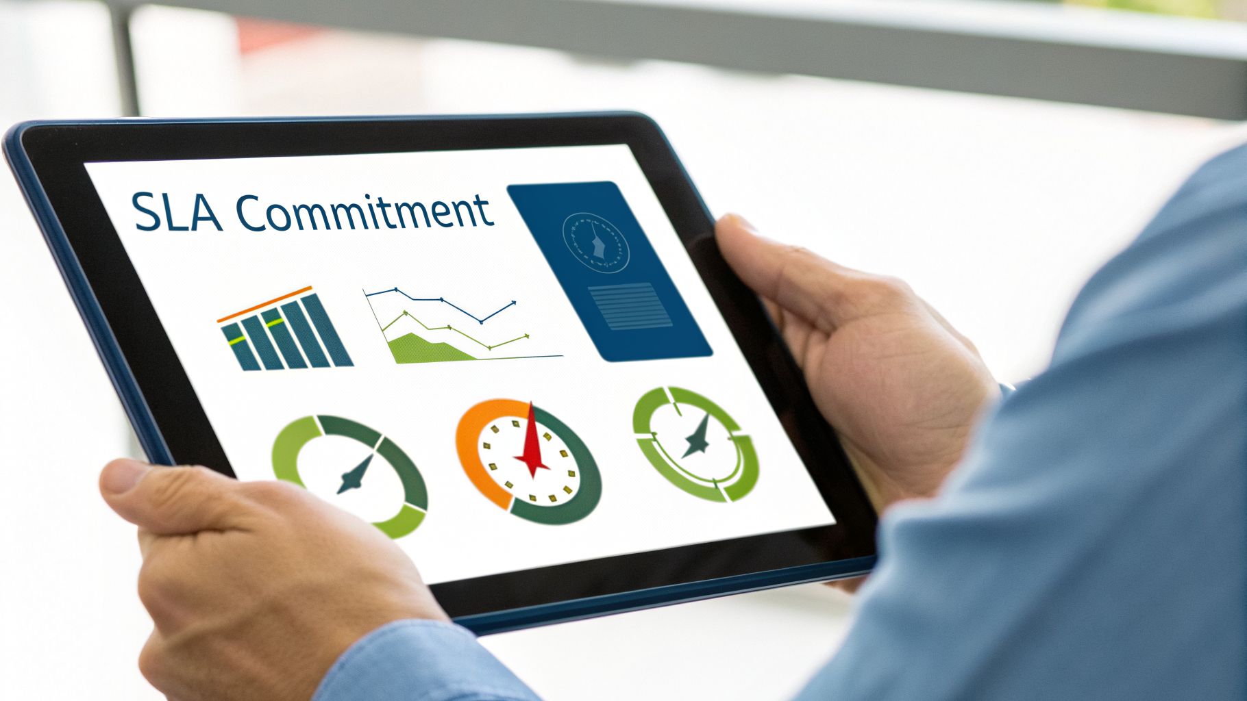 Hands hold a tablet displaying an 'SLA Commitment' dashboard with performance charts and gauges.
