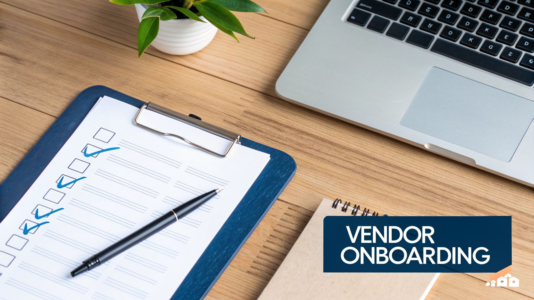 Overhead view of a desk with a checklist, pen, laptop, and plant, featuring 'VENDOR ONBOARDING' text.