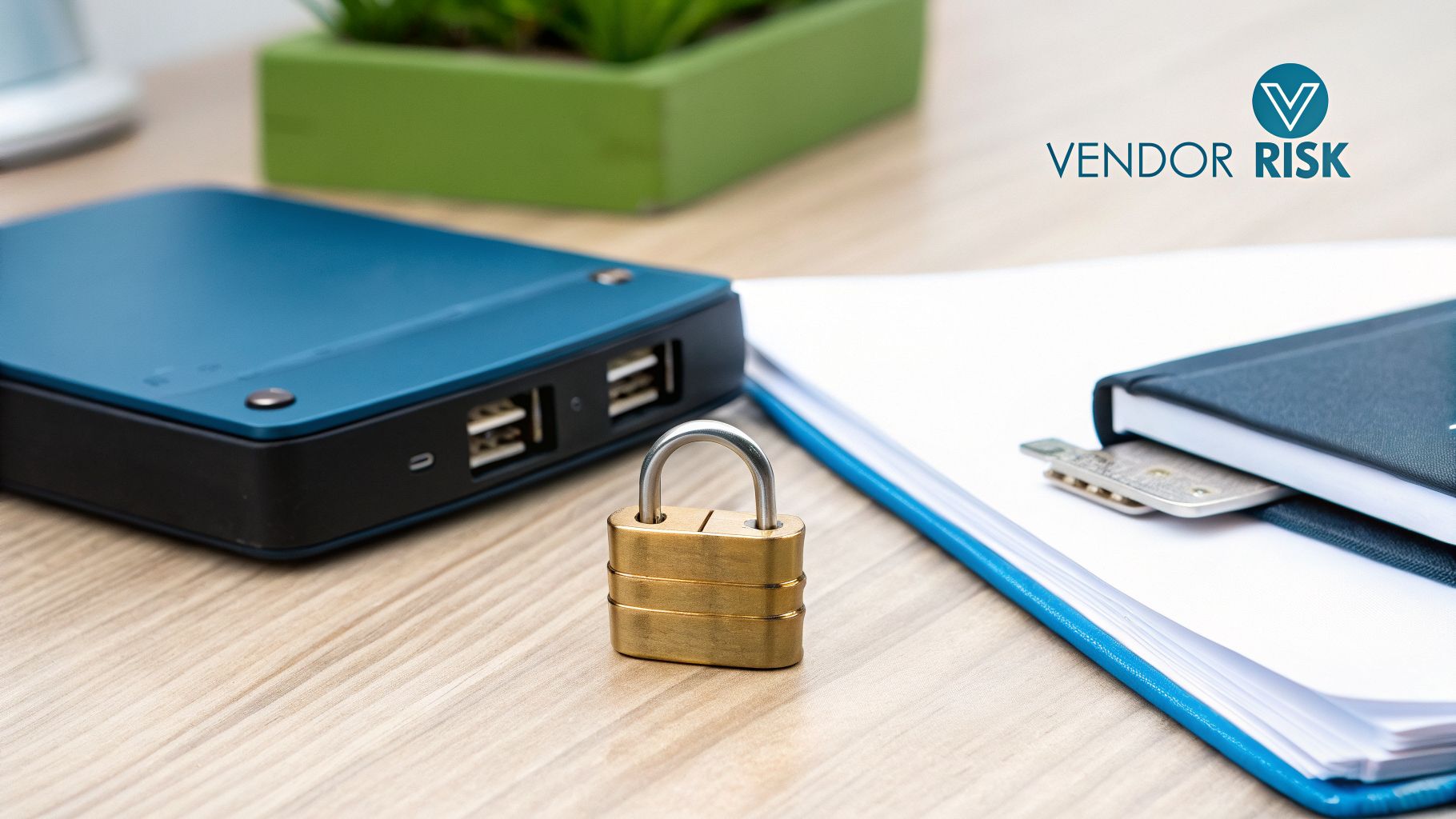 A brass padlock, a blue external device, and office supplies on a desk, related to vendor risk.