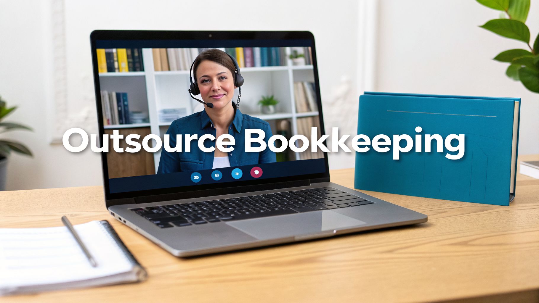 A woman on a video call on a laptop with the text 'Outsource Bookkeeping' on a wooden desk.