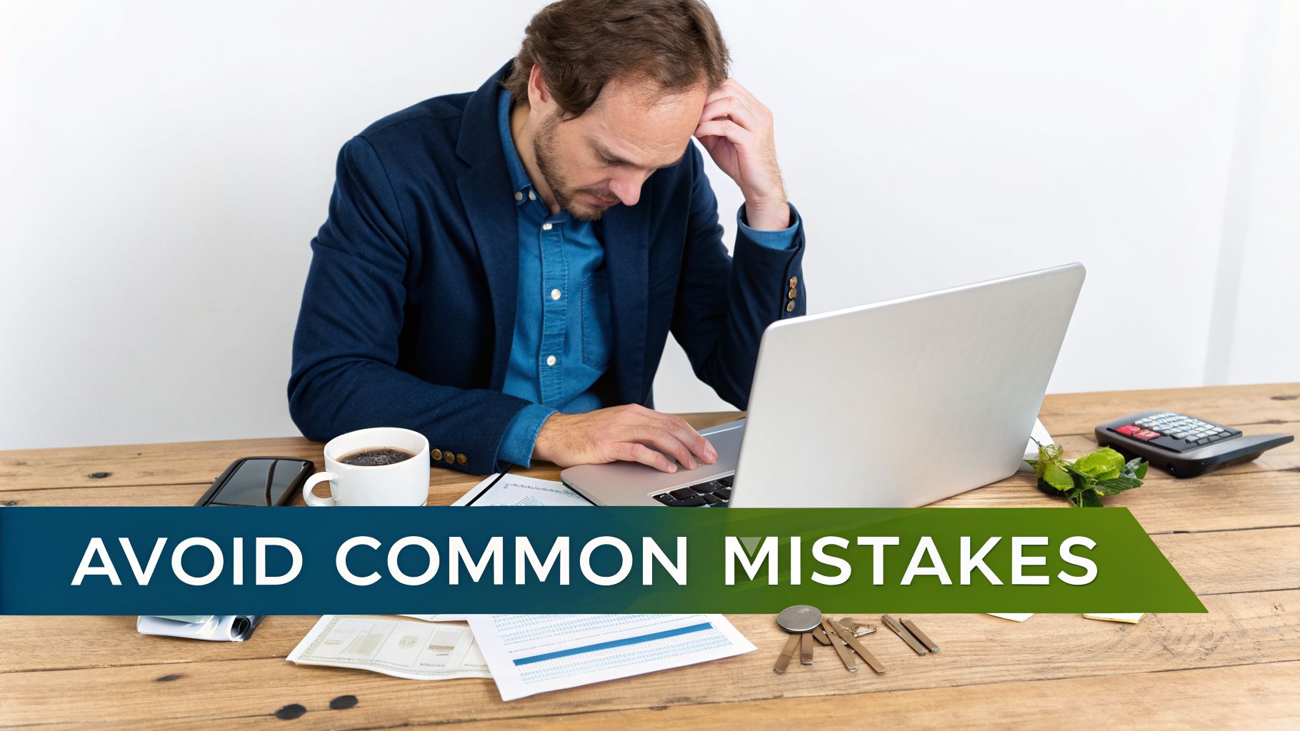 A stressed man working on a laptop at a desk with coffee and papers, overlayed with 'AVOID COMMON MISTAKES'.