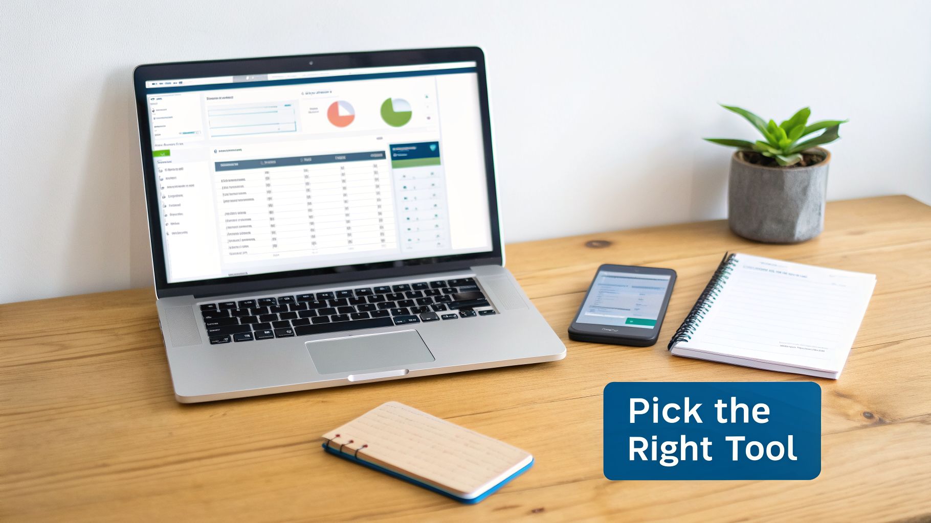A laptop showing business data, a smartphone, notebooks, and a plant on a wooden desk.