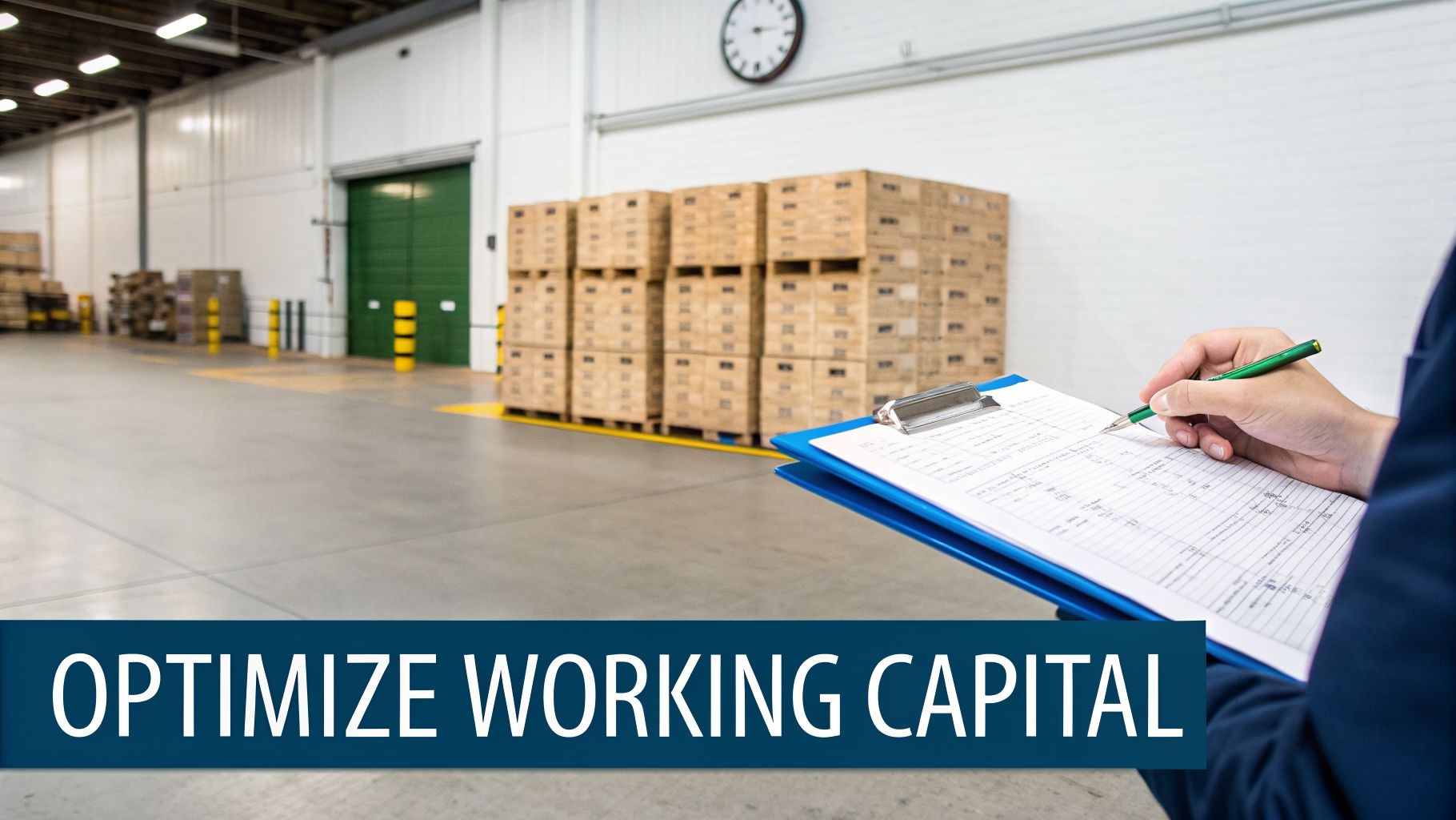 A person in a warehouse checks inventory on a clipboard, optimizing working capital and logistics.