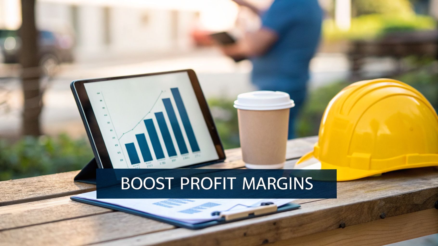 A tablet displays a growing profit margin chart next to a hard hat and coffee cup.