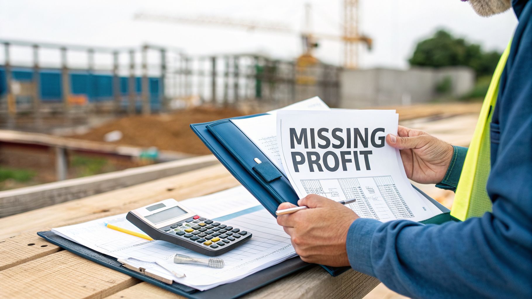 Construction worker analyzing 'missing profit' documents with a calculator at an active building site.