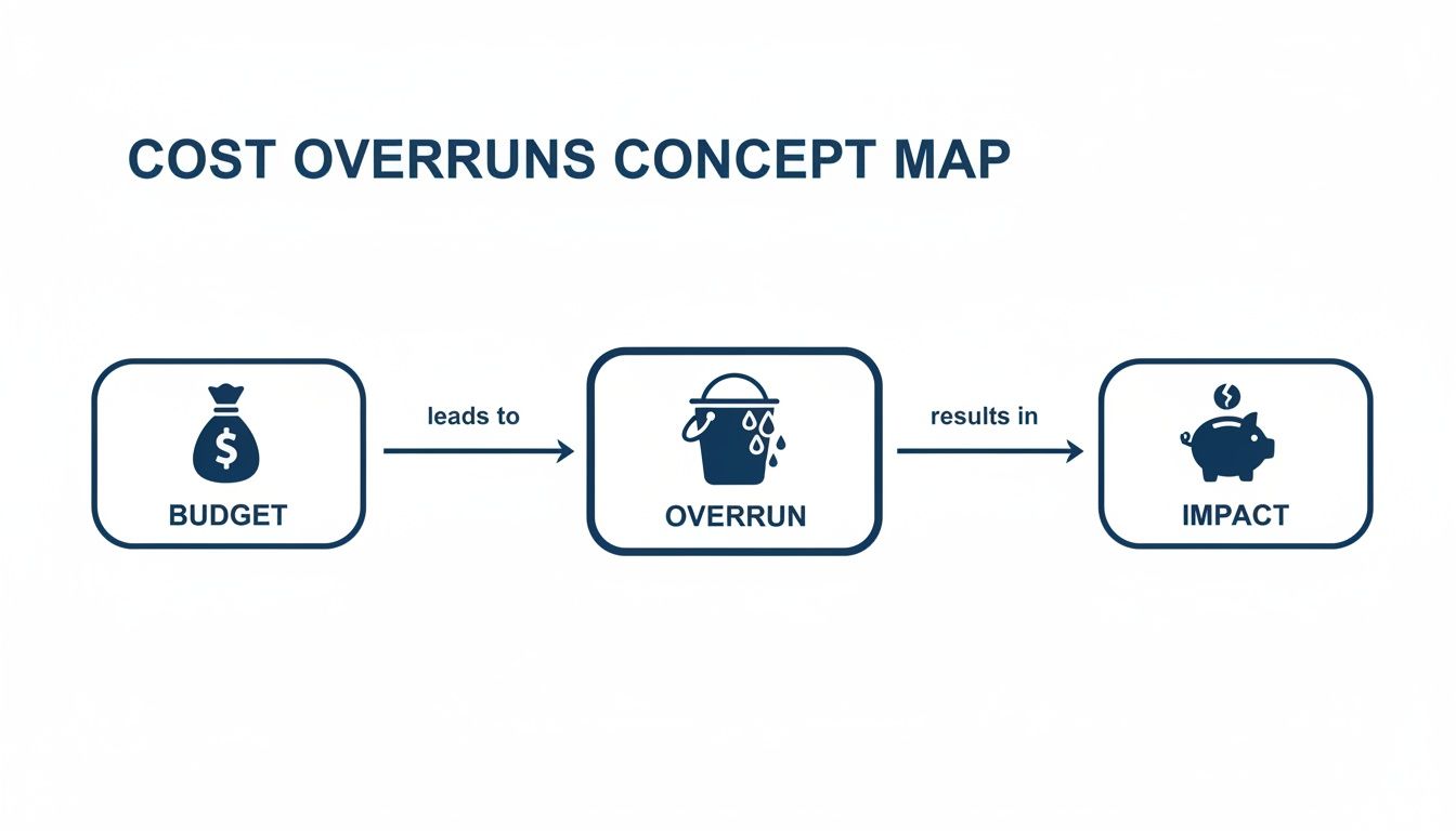Concept map illustrating how budget issues lead to cost overruns and negative financial impact.