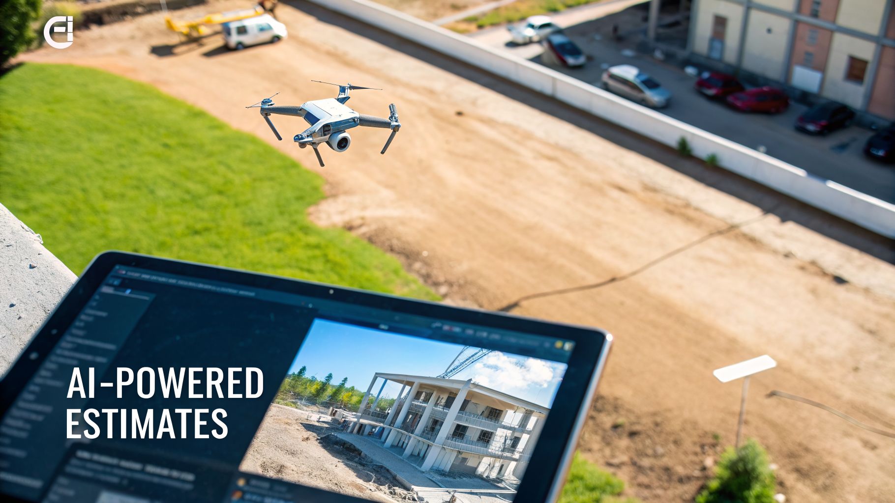 A drone flies above a construction site, with a tablet displaying AI-powered estimates for a building project.