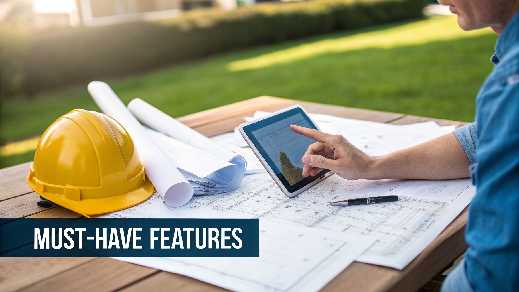 An engineer reviews construction blueprints on a wooden table, using a tablet, alongside a yellow hard hat.