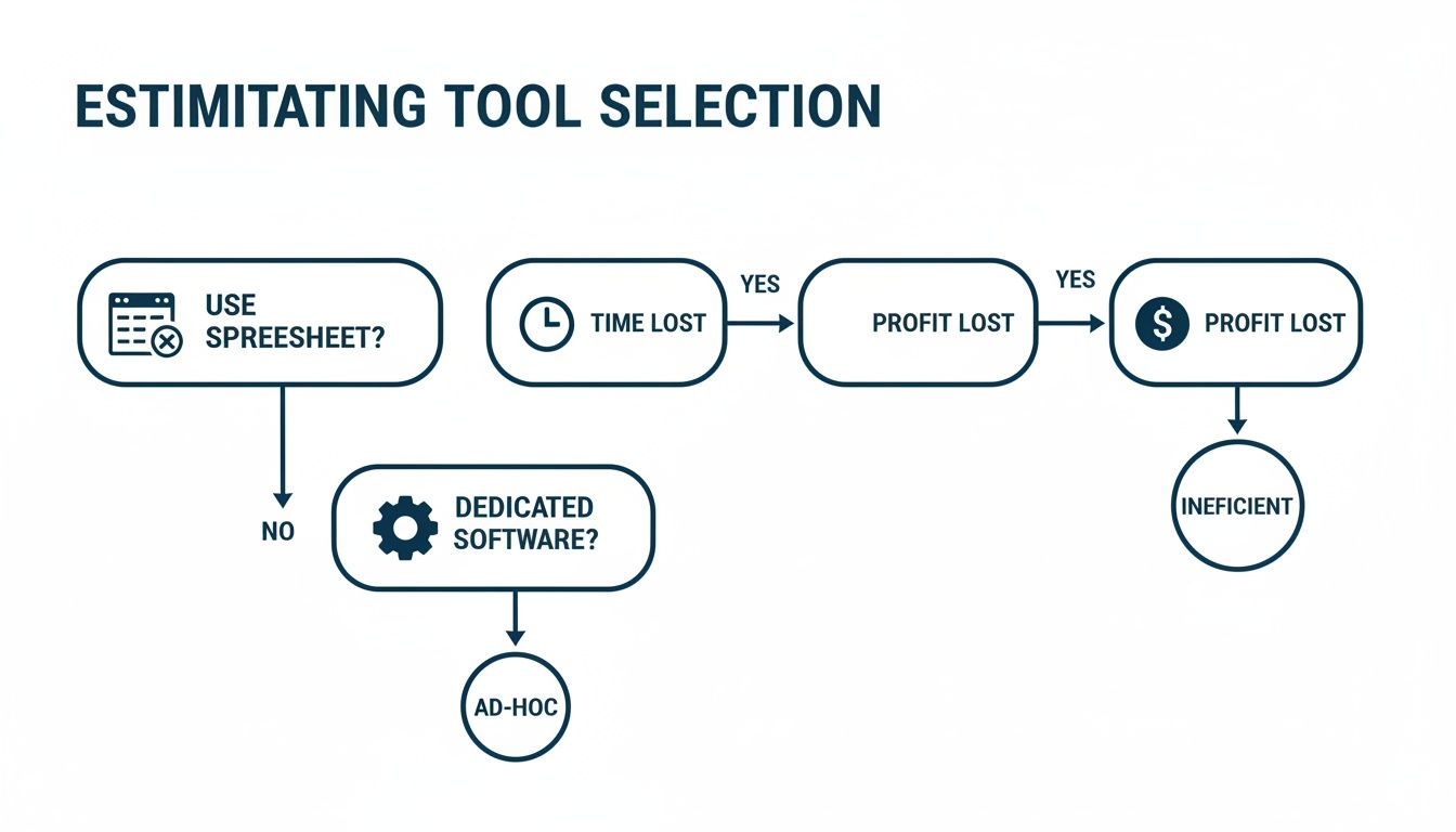 A flowchart titled 'Estimating Tool Selection' showing using spreadsheets leads to time lost, profit lost, and inefficiency. Not using spreadsheets leads to dedicated software and then ad-hoc.