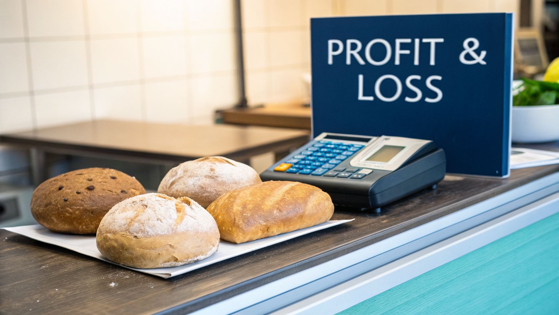 Fresh bread, a calculator, and a 'Profit & Loss' sign on a business counter.