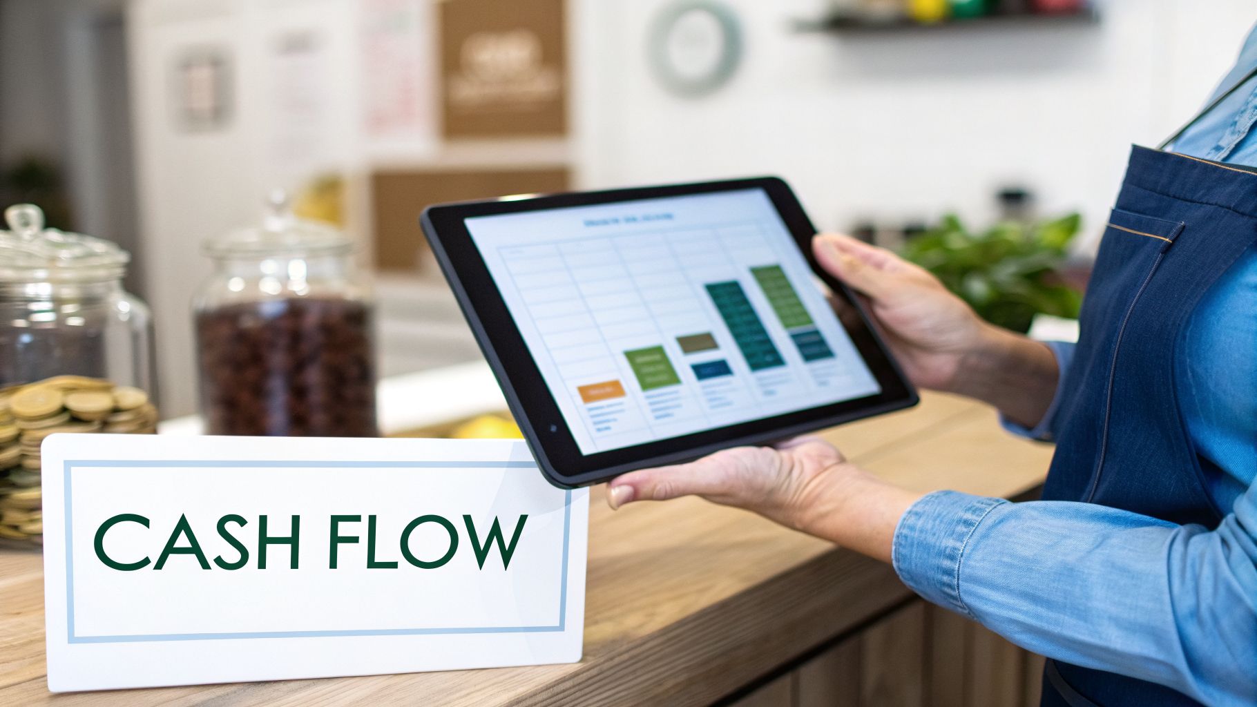 Person reviews a cash flow report on a tablet in a small business, with a 'CASH FLOW' sign.