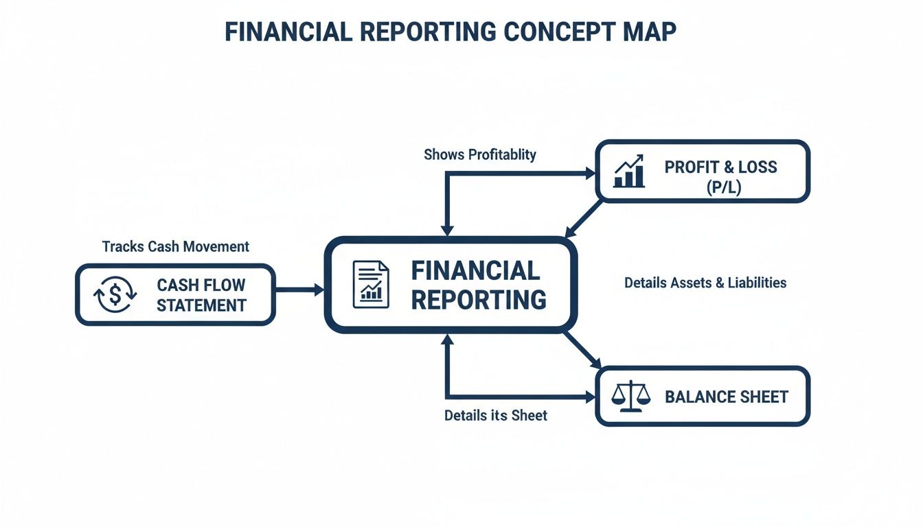 Concept map illustrating financial reporting and its three core statements: cash flow, profit & loss, and balance sheet.