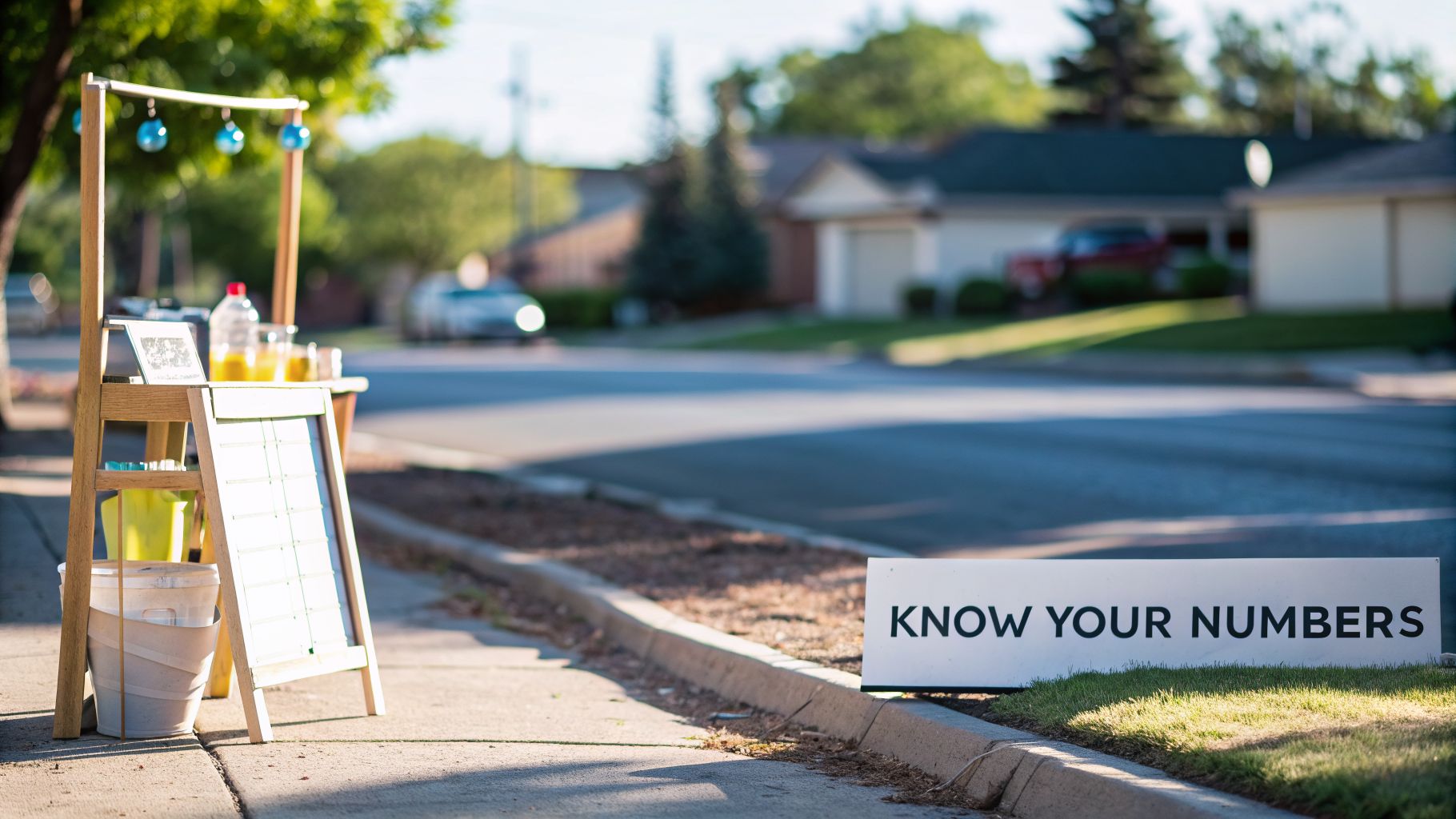 Lemonade stand setup with a "KNOW YOUR NUMBERS" sign promoting financial literacy on a sunny sidewalk.