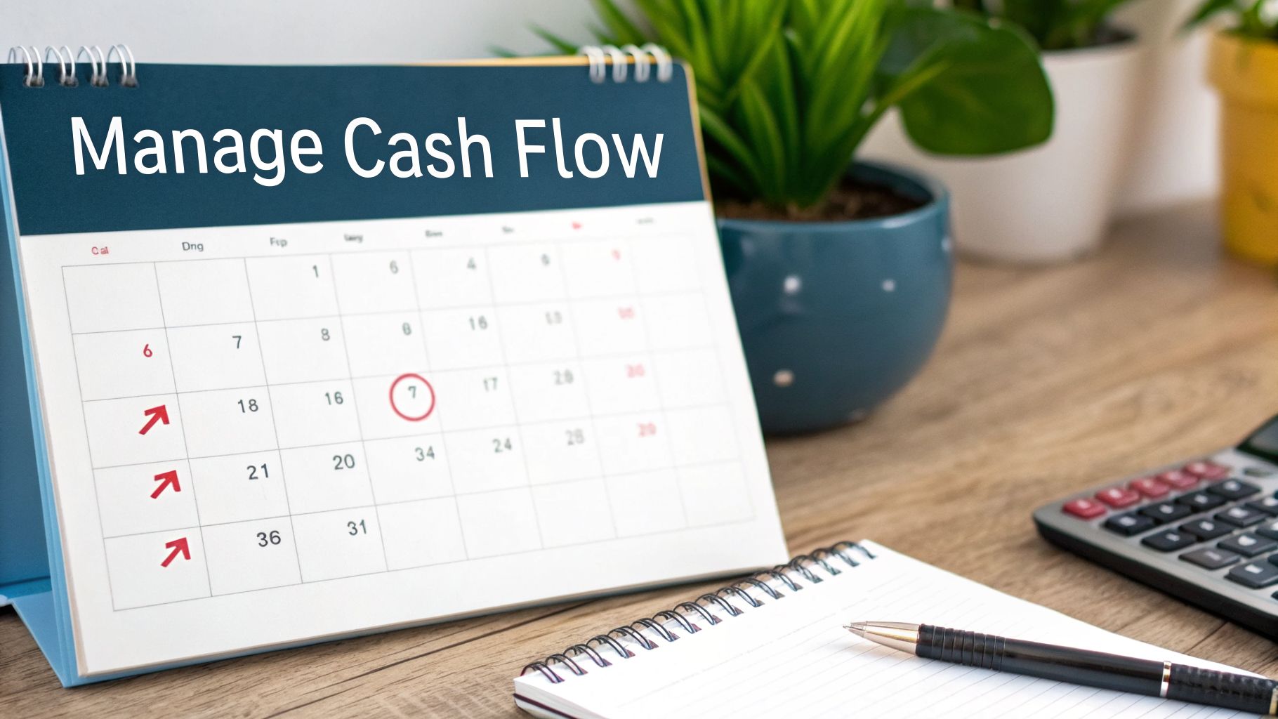 A desk calendar titled 'Manage Cash Flow' with a circled date, arrows, calculator, and notebook.