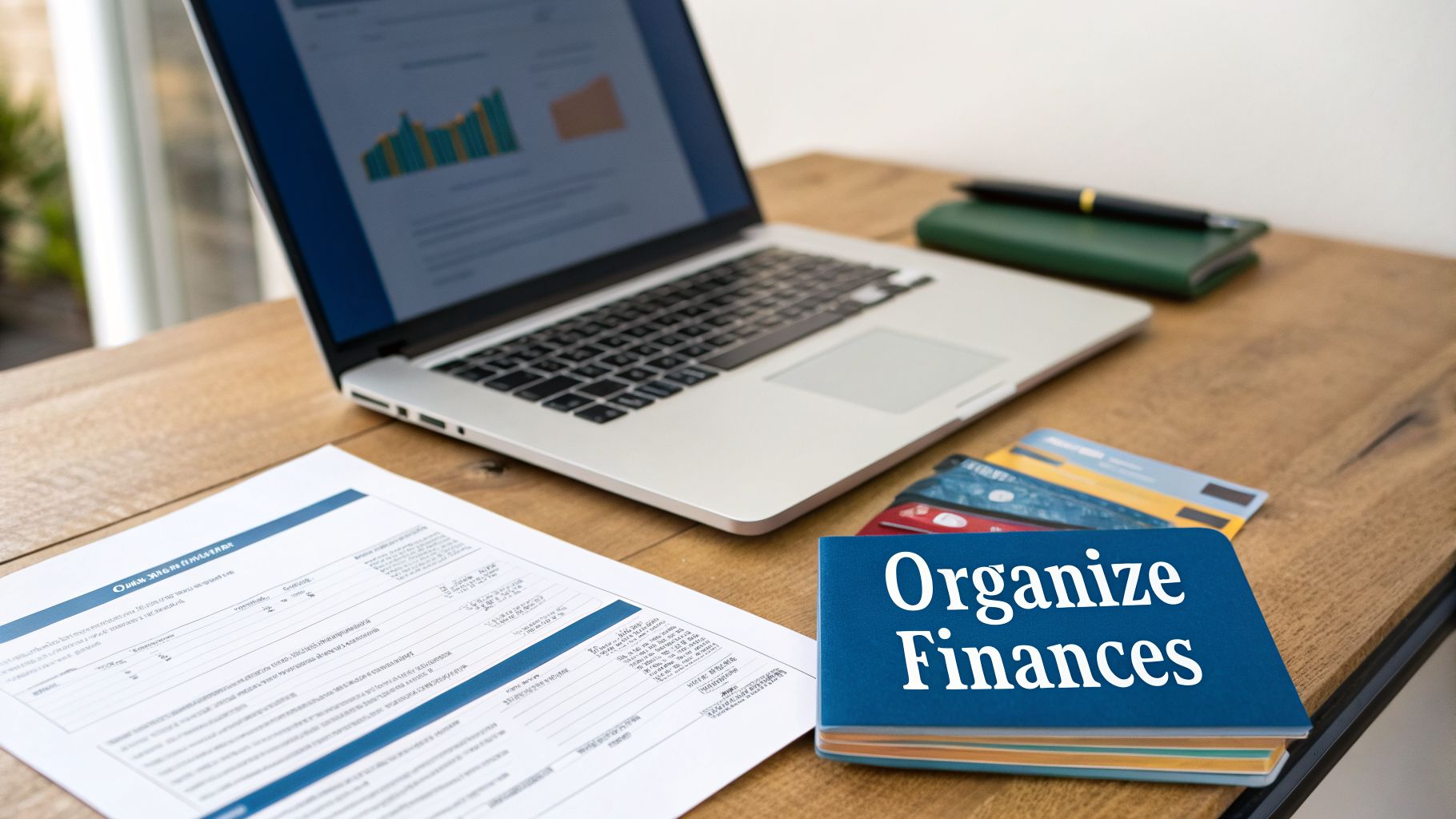A wooden desk with a laptop showing financial charts, documents, credit cards, and a book titled 'Organize Finances'.