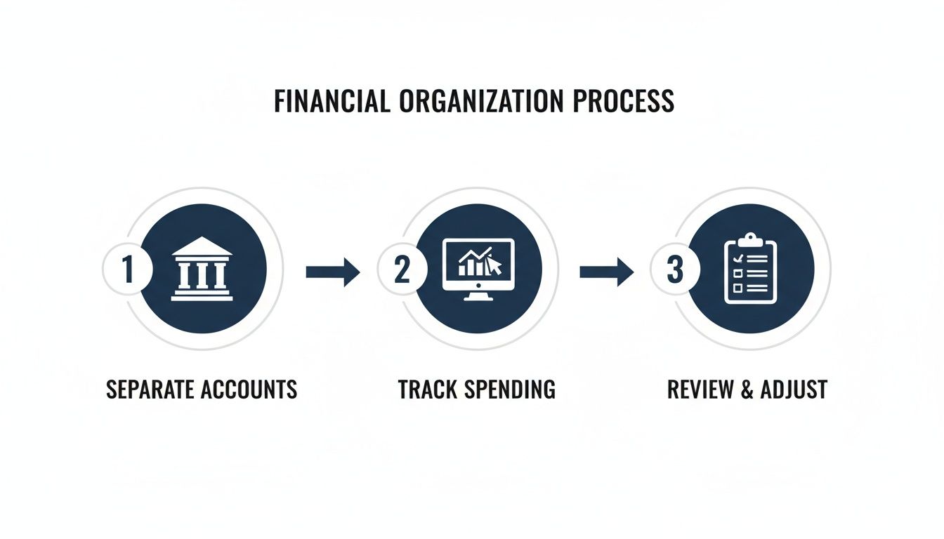 A three-step financial organization process flow showing separate accounts, track spending, and review and adjust.
