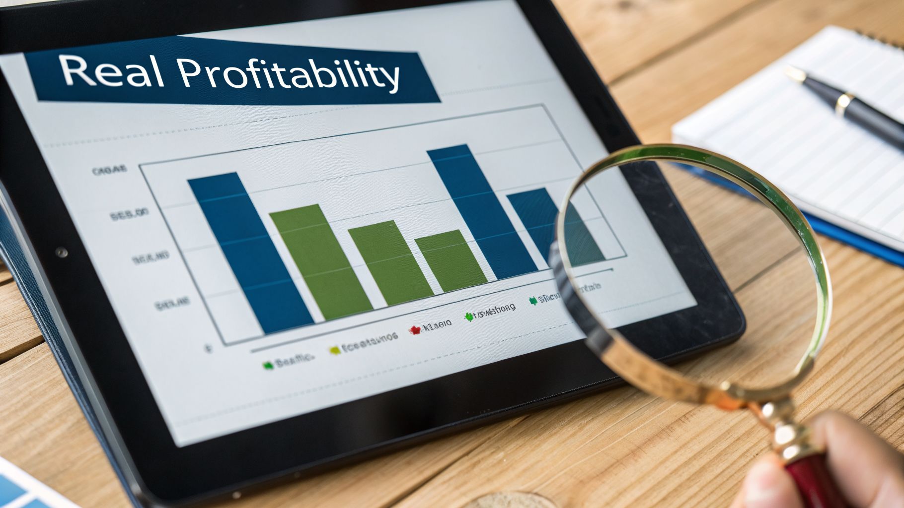Magnifying glass on a tablet screen displaying a 'Real Profitability' business bar chart.