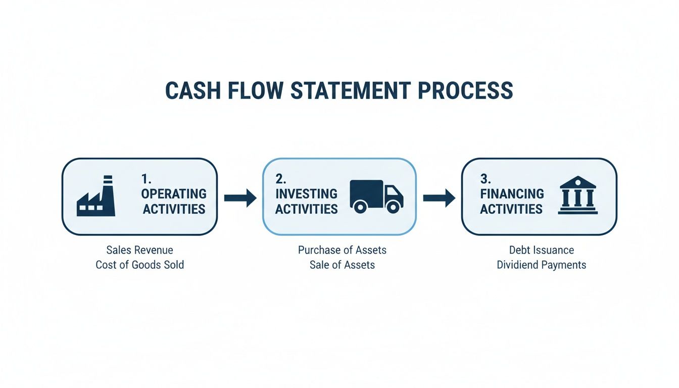 Flowchart illustrating the cash flow statement process, showing operating, investing, and financing activities with examples.