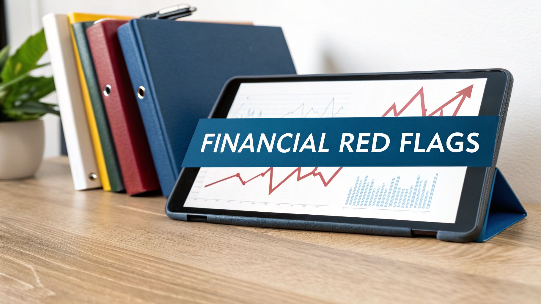 A tablet displays financial charts with an upward trend and a 'FINANCIAL RED FLAGS' banner.