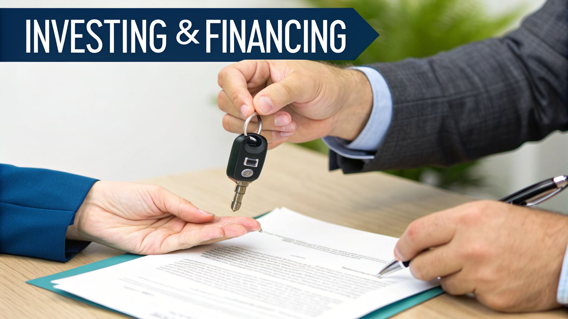 Hands exchanging car keys over a financial contract with 'Investing & Financing' banner visible.
