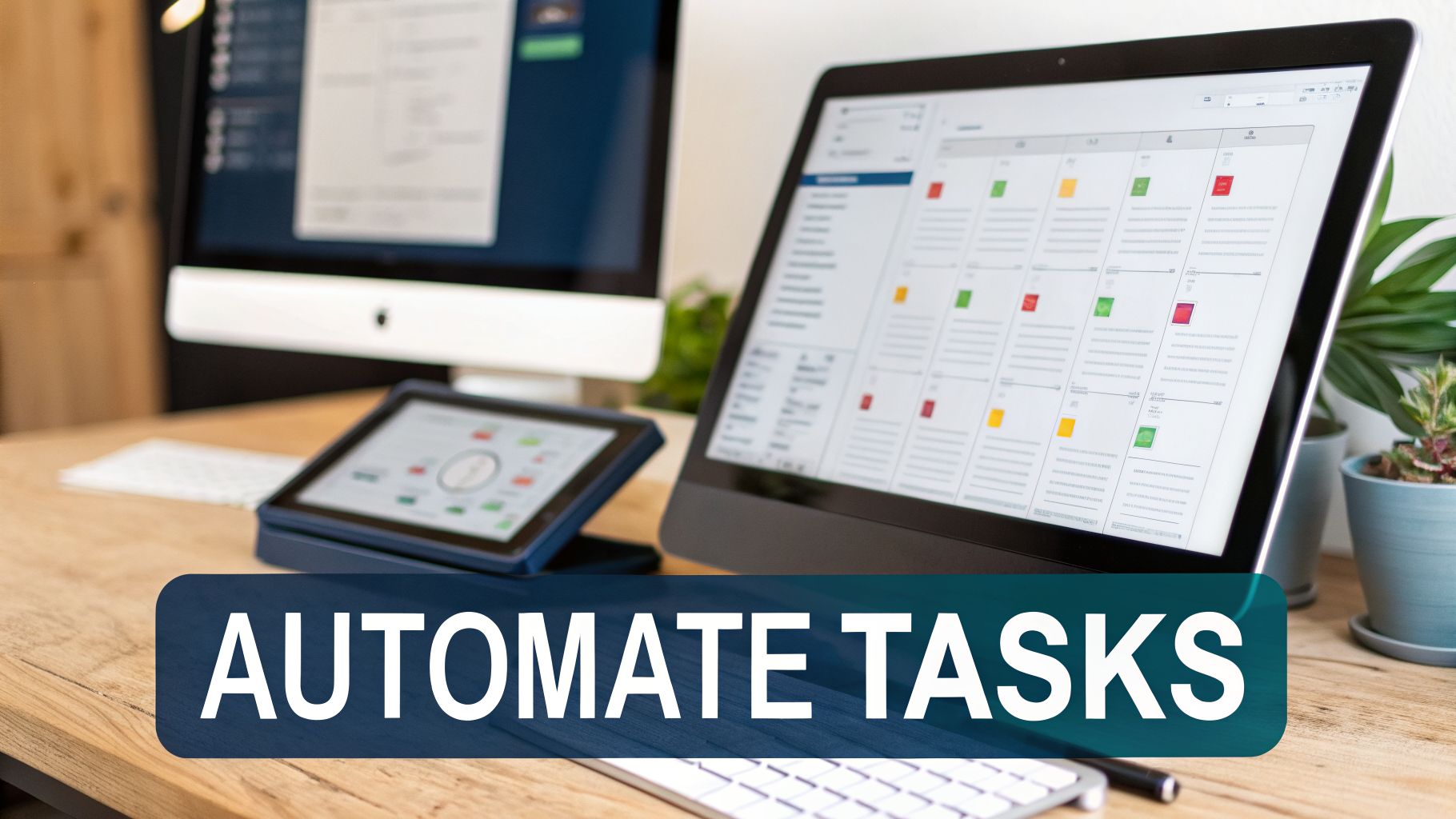 A modern desk with multiple screens and a tablet displaying task management and automation software.