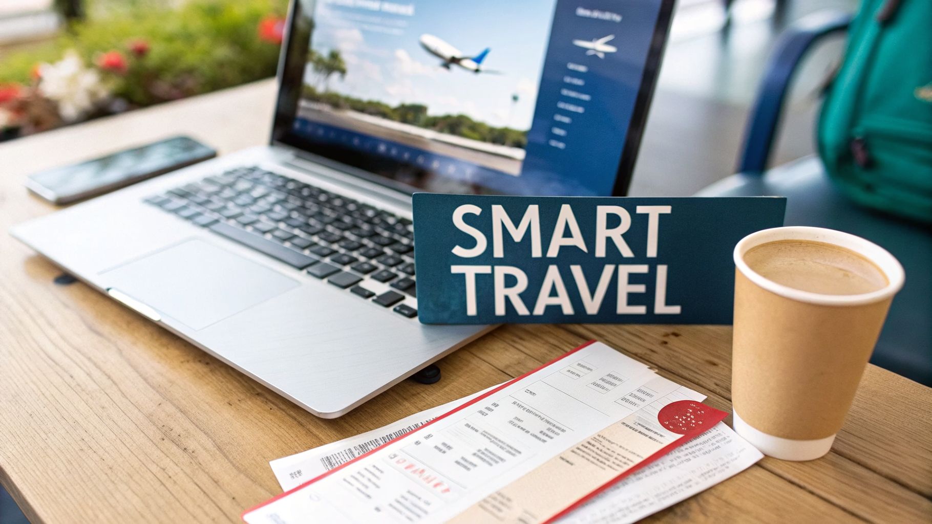 Laptop with 'Smart Travel' sign, coffee, and travel tickets on a wooden desk, planning a trip.