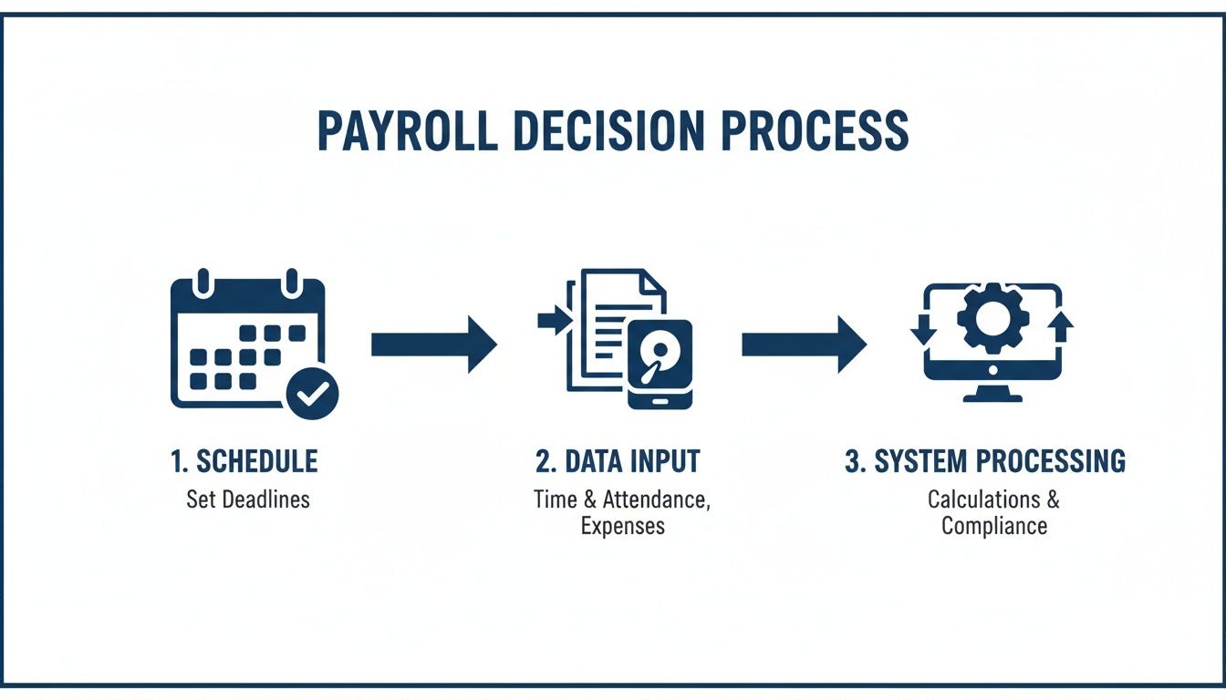 A three-step payroll decision process flowchart showing schedule, data input, and system processing.