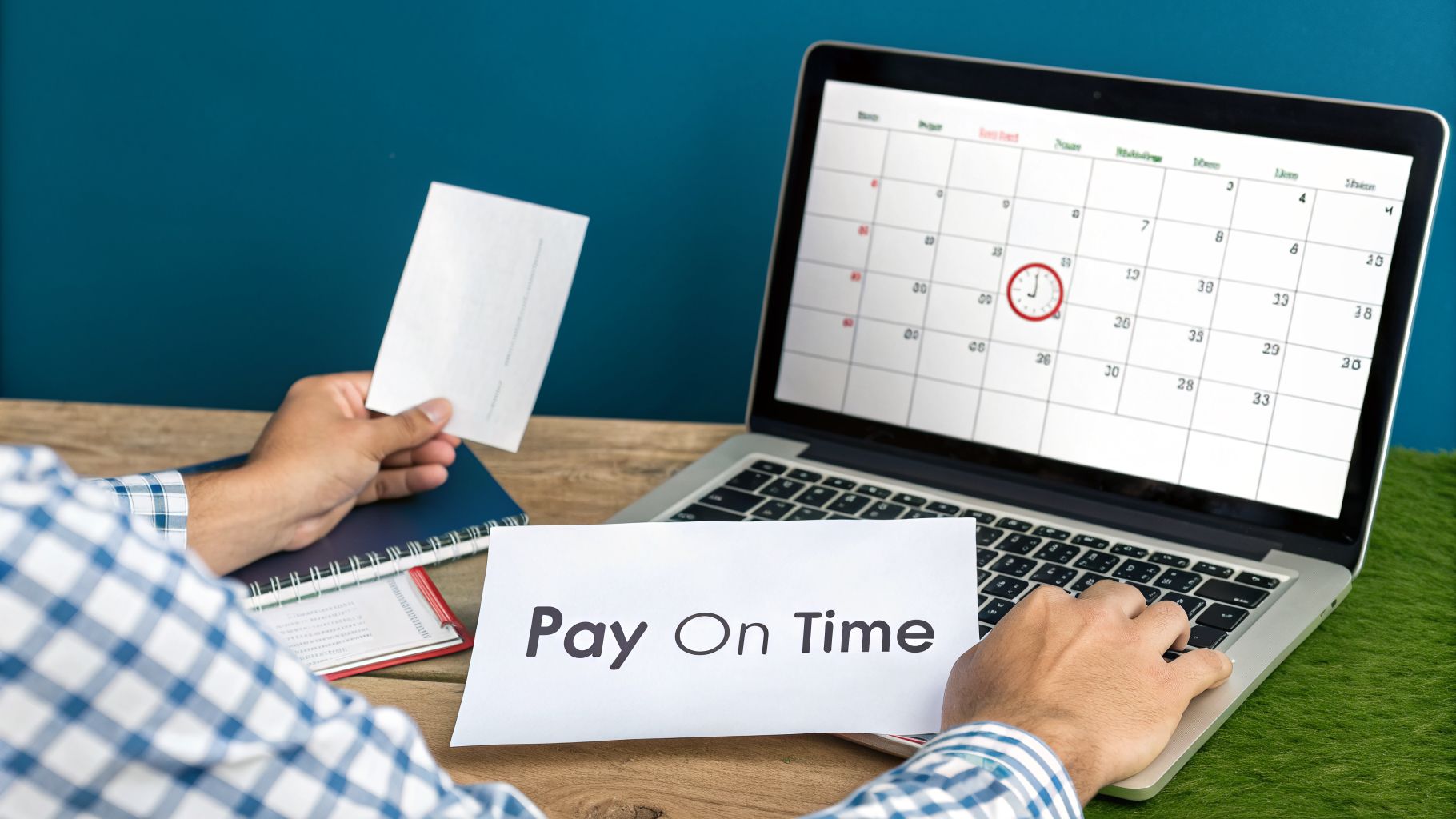 A person viewing a calendar on a laptop with a 'Pay On Time' note, managing payments.