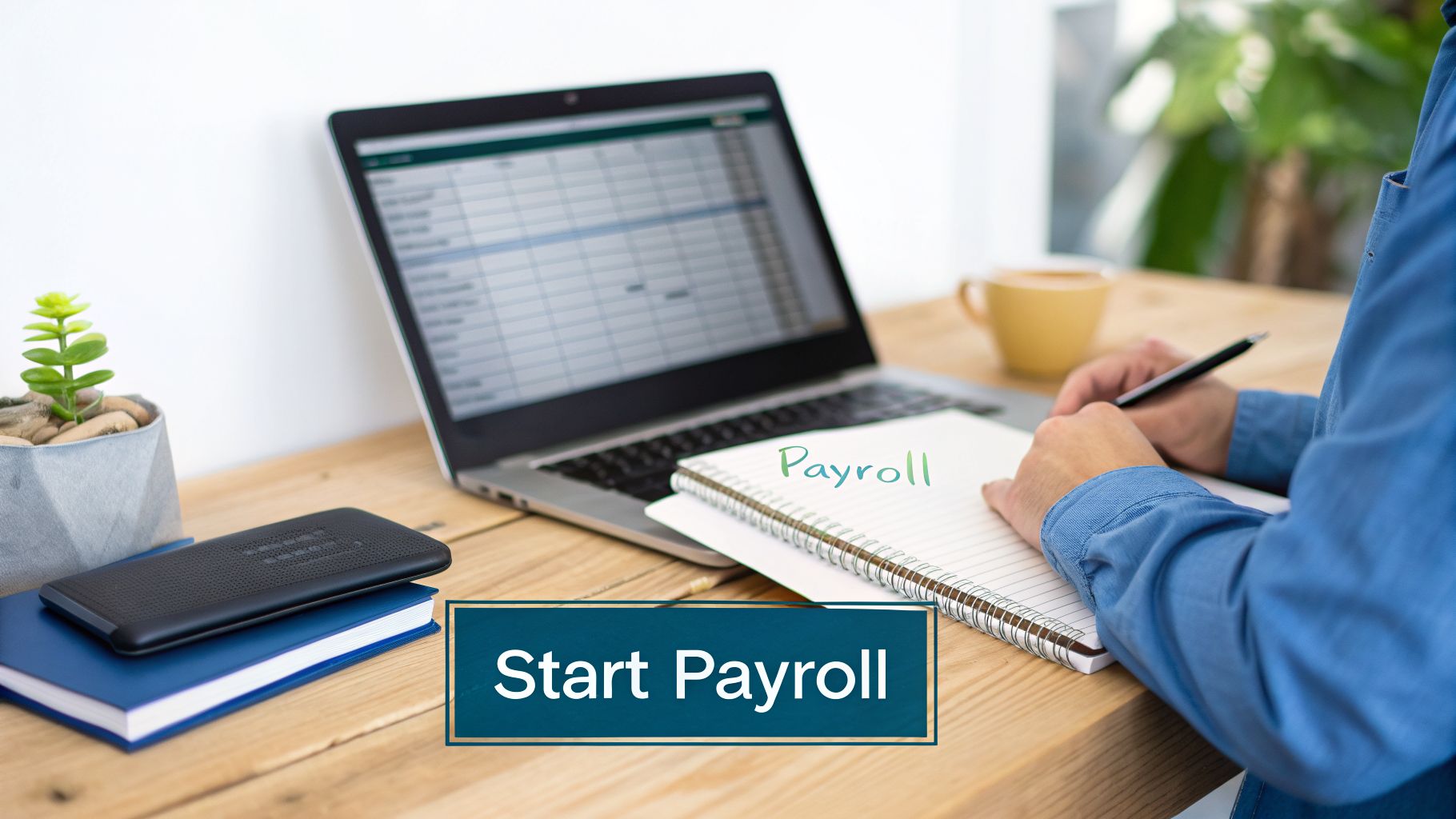 Person writing 'Payroll' in a notebook with a pen, next to a laptop displaying a spreadsheet.