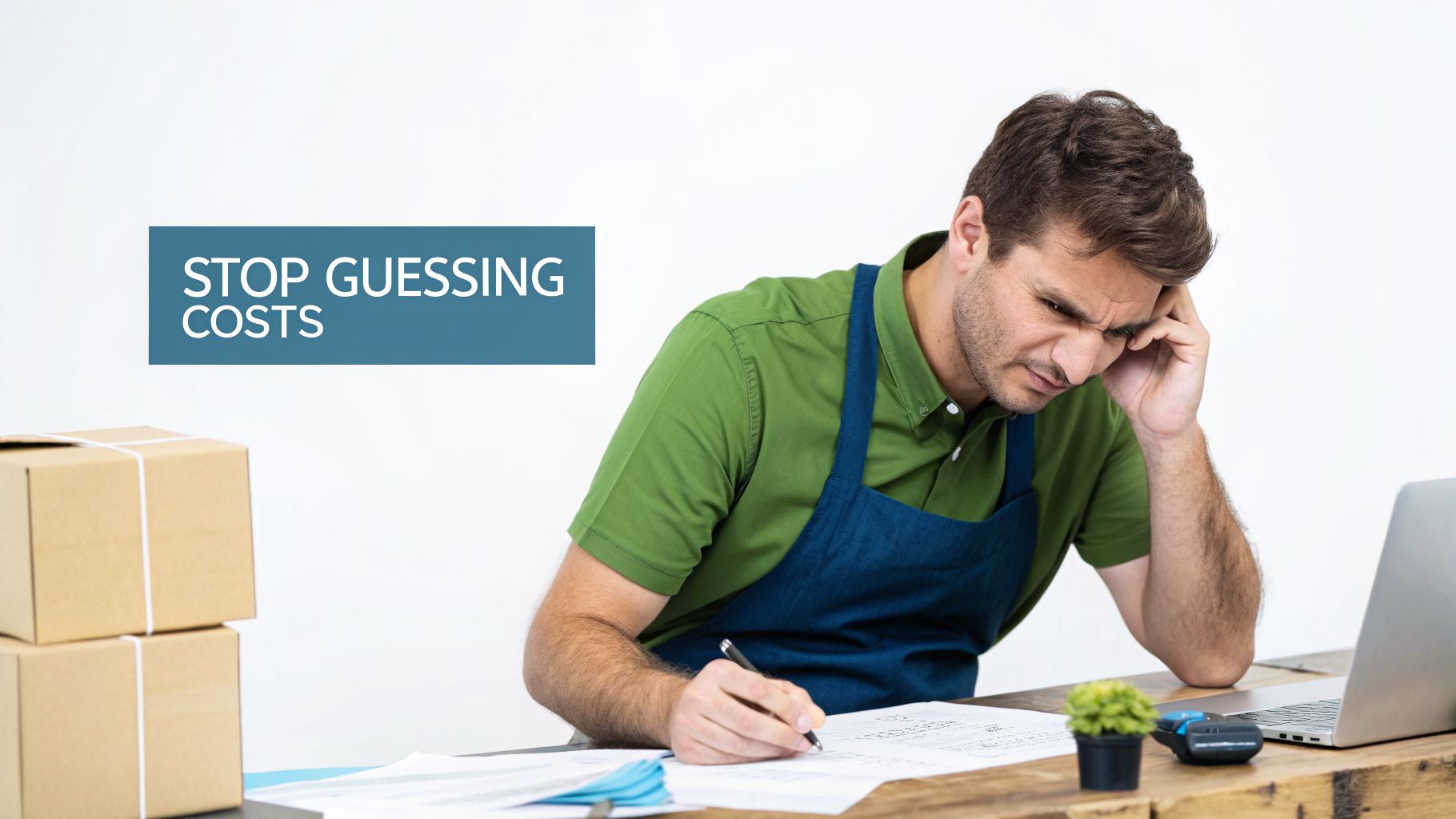 Stressed small business owner calculating costs at a desk with shipping boxes, next to 'Stop Guessing Costs' text.