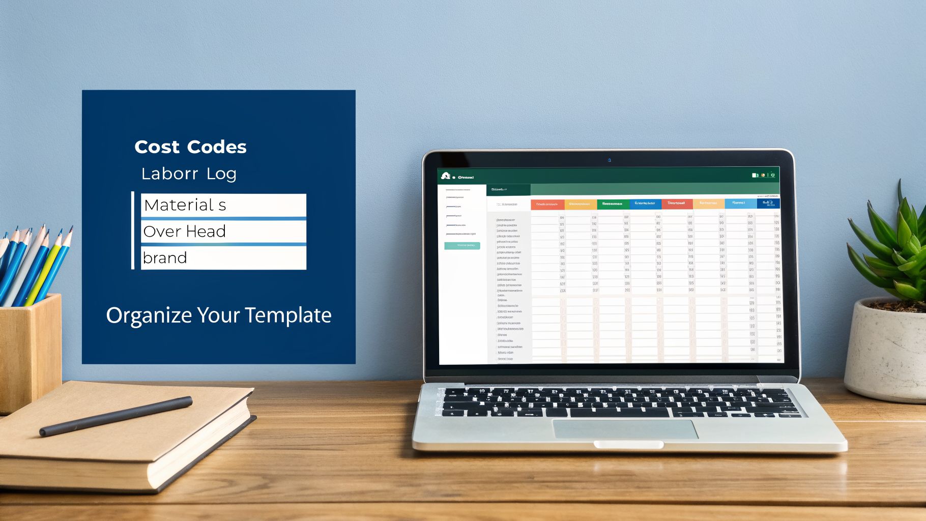 A laptop displays a job costing excel template next to a graphic showing cost categories like materials and overhead.
