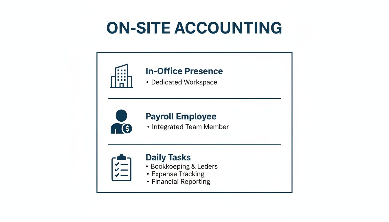 Infographic outlining on-site accounting services, including office presence, payroll employee, and daily tasks like bookkeeping and financial reporting.
