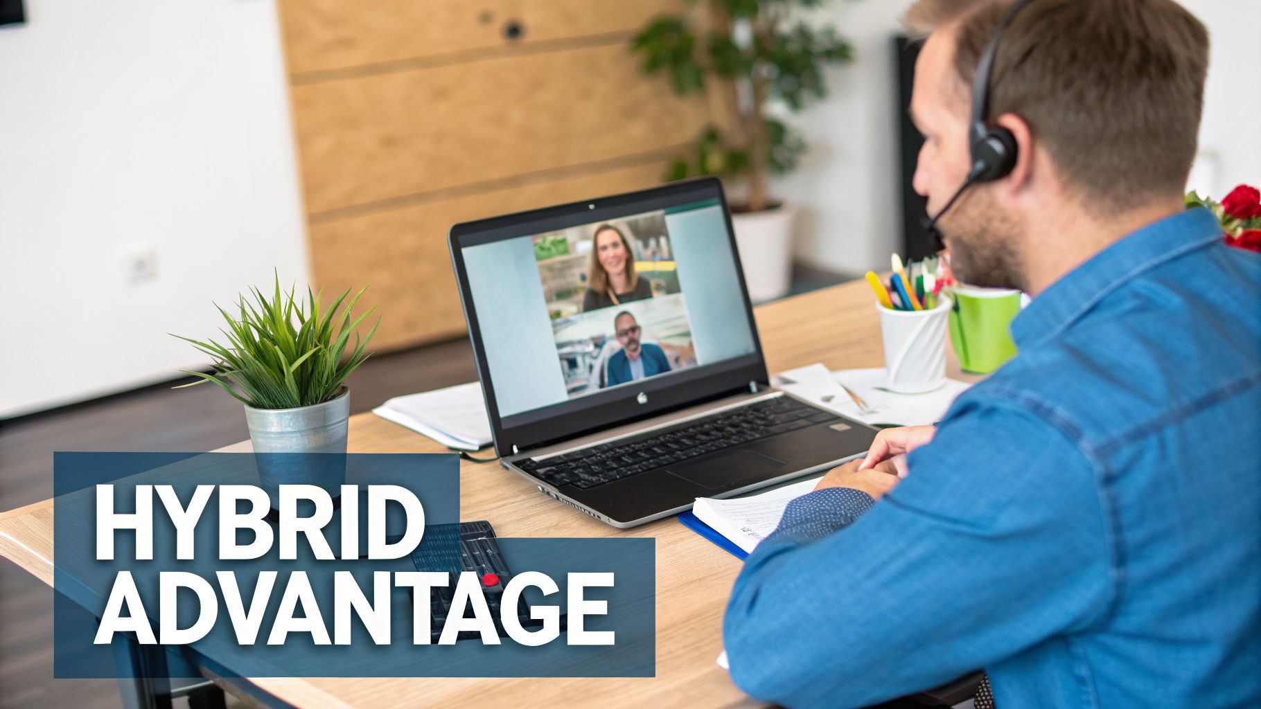 Man in headset on video call with colleagues on laptop, embracing hybrid work.