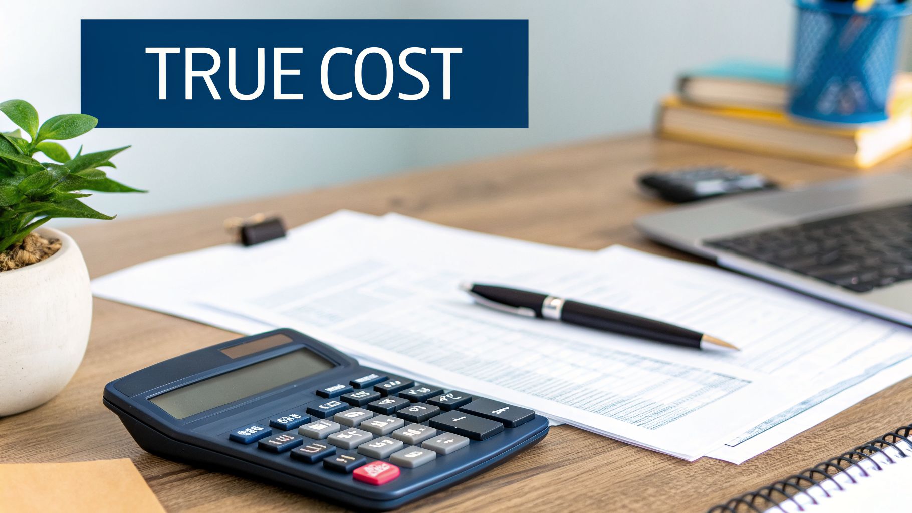 A calculator, papers, and pen on a desk with a 'TRUE COST' banner, symbolizing financial analysis.