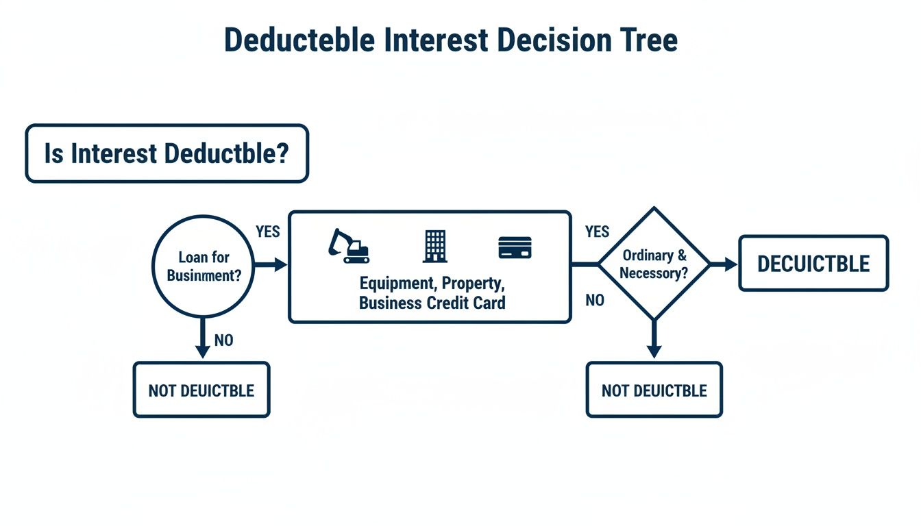 A decision tree flowchart explaining the deductibility of interest for business expenses.