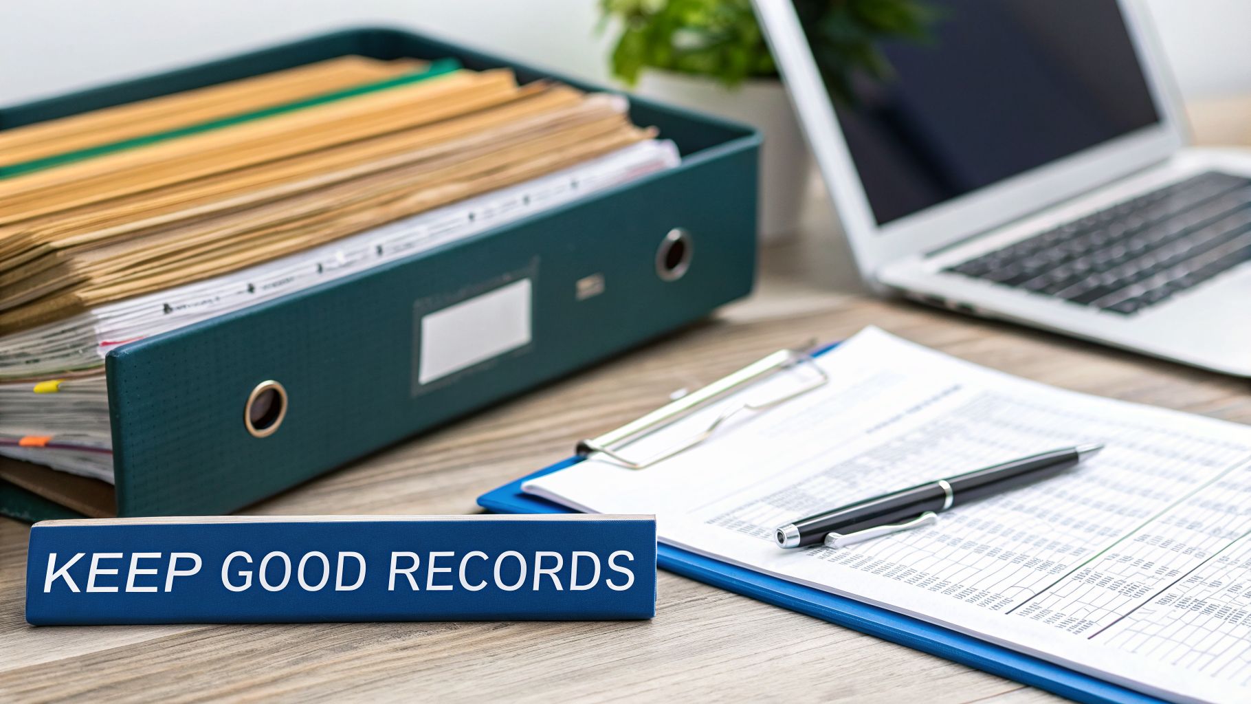 Office desk with a binder, laptop, financial report, pen, and 'Keep Good Records' sign.