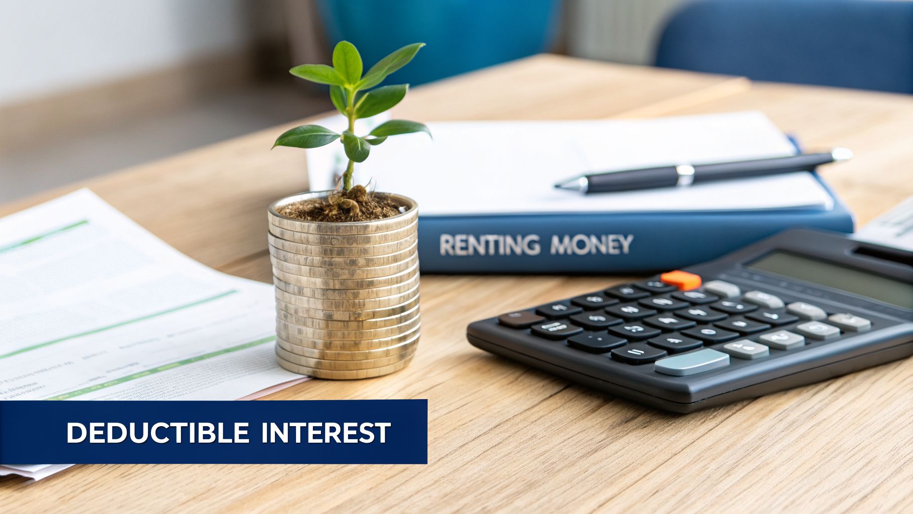 A close-up of a desk with a calculator, documents, a book, a plant in coin pot, and "Deductible Interest" banner.